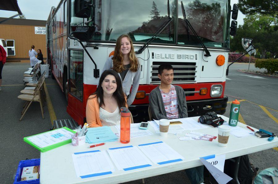 (From left to right): Junior Sarah Reich, senior Adi Steinhart and senior Jefferey Lee man the donor sign-up stand for Stanford Blood Centers blood drive at Gunn.