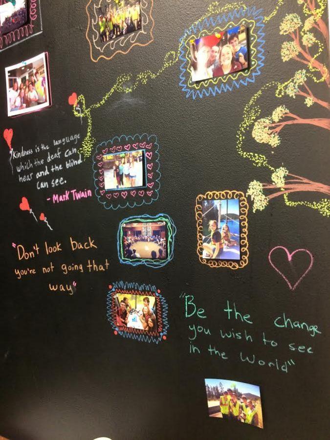 A wall in the youth group meeting room displays photos, inspirational quotes.