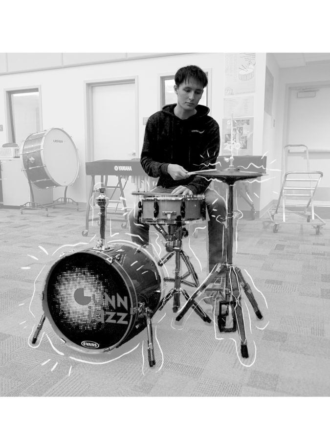 Senior Aidan Roessig practices the drums in the band room.

Photo illustration by Sophia Lu, Jocelyn Wang and Wendy Xiong