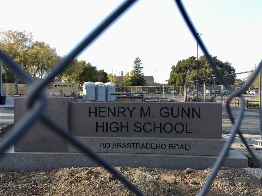 Henry M. Gunn High School sign during parking lot construction in 2021.