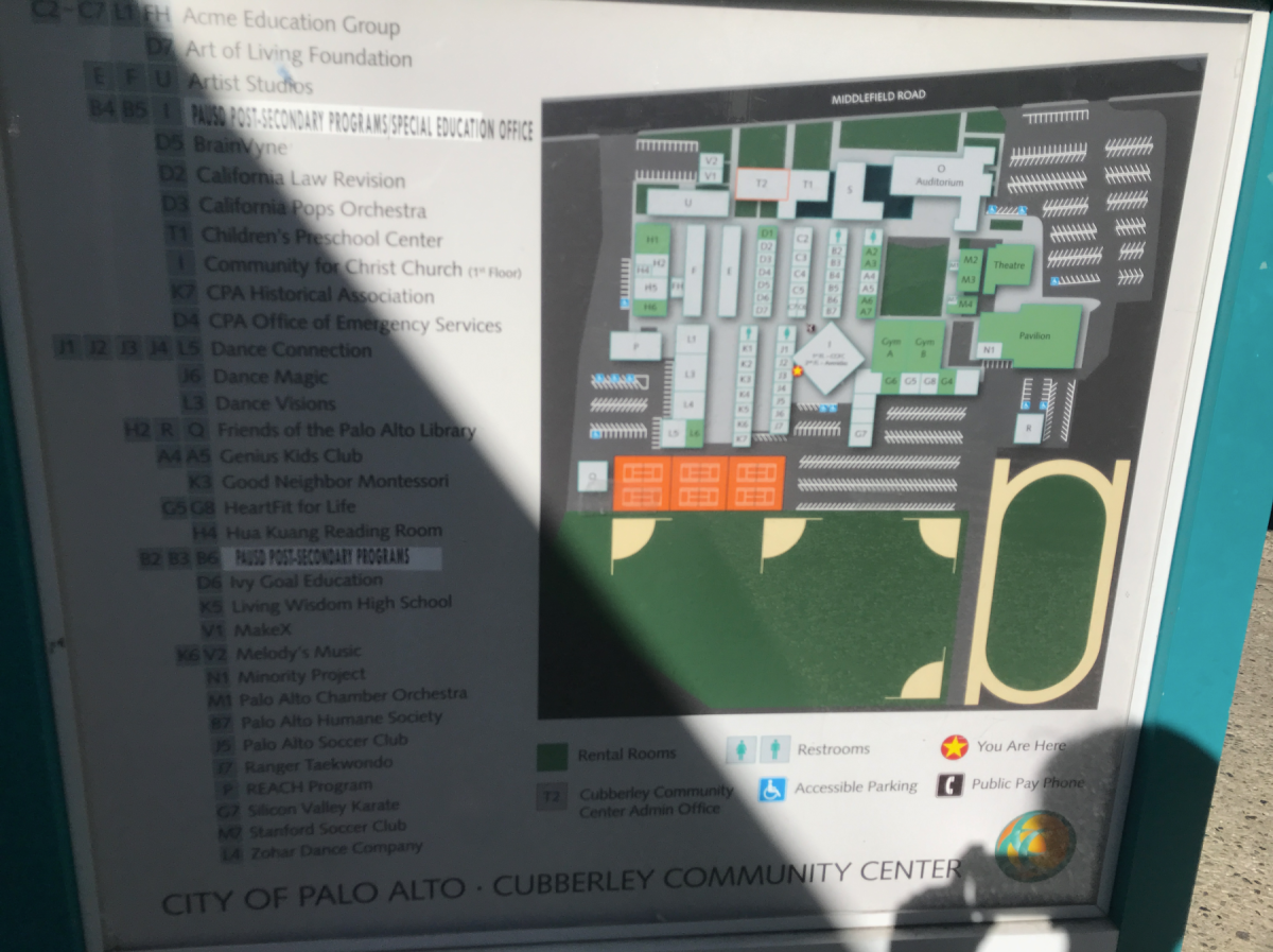 This is a map of the Cubberley Community Center with a list of its tenants.