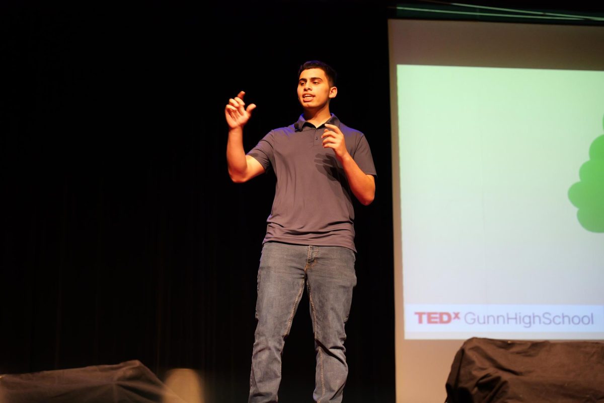 Sophomore Kareem Gabareen Mokhtar speaks about healthy relationships at the 14th annual TEDxGunnHighSchool conference.