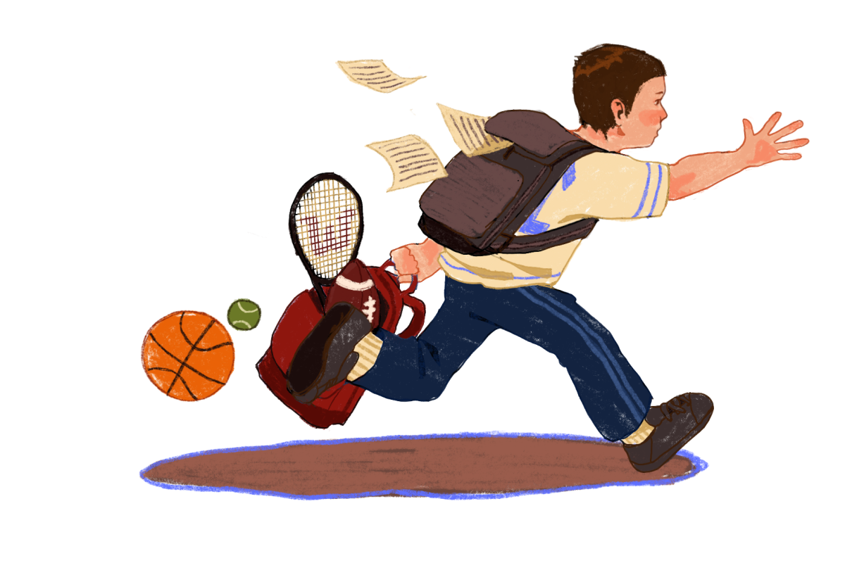 An athlete runs to their practice, homework and sports gear falling out of their backpack.